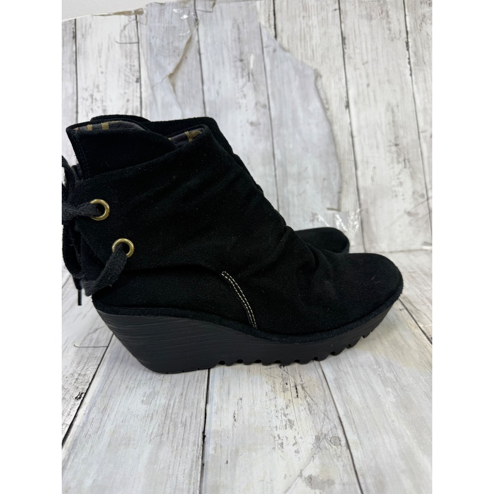 Fly London Yust Black Suede Slouchy Wedge Ankle Boots Leopard Print Lining 39